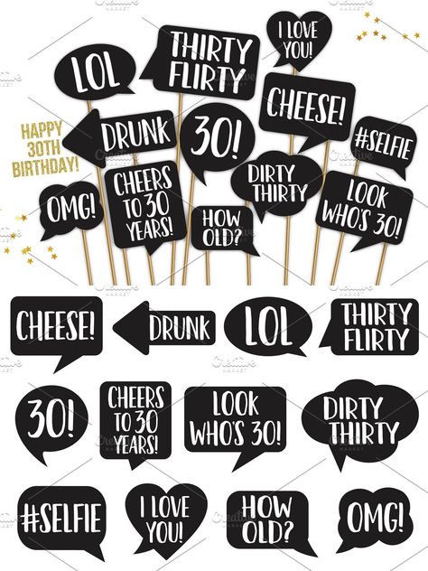 Capture lasting memories from your 30th Birthday Party with Chalkboard Black and White Photo Booth Props Kit. Signs: LOL, How old, Drunk, Cheers to 30 years, OMG, Thirty Flirty, Look who is 30, Dirty thirty, Cheese, #selfie, I love you! This kit includes: 12 props with different messages (curved text). You will get: - Eps (Adobe Illustrator) - PDF file - JPG file - Thank you ♥ Love Giftery Birthday Props Diy, Birthday Photo Props Diy, Dirty Thirty Party Ideas For Him, 30th Birthday Decoration Ideas, Dirty 30 Birthday Party Ideas, 30th Birthday Photo Booth, 30s Birthday Party Ideas, Diy 30th Birthday Decorations, 30th Birthday Table Decor