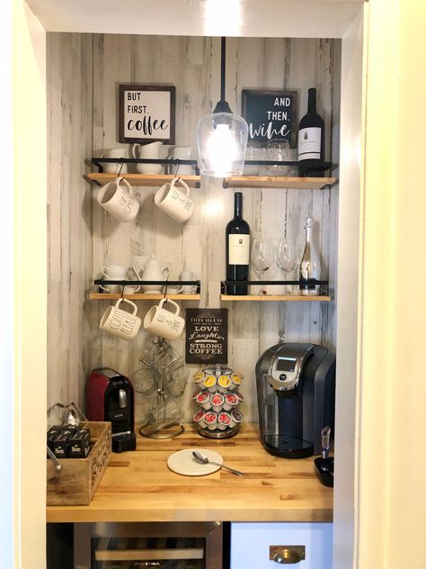 Mini Wine Bar Ideas Small Spaces, Closet Coffee Station, Small Coffee And Wine Bar Ideas, Coffee Bar In A Closet, Coffee Bar And Wine Bar Ideas, Closet Coffee Bar Ideas, Wine Bar Ideas Small Spaces, Coffee Bar In Closet, Coffee And Wine Bar Ideas Small Spaces