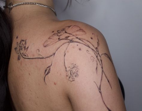 All Is Full Of Love Bjork Tattoo, Lotus Flower Tattoo Back Shoulder, Lotus Shoulder Tattoo, Lotus Flower Shoulder Tattoo, Lotus Tattoo Shoulder, Lotus Tattoo Back, Flower Shoulder Tattoo, Lillies Tattoo, Whimsical Tattoos