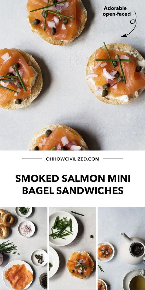 Smoked Salmon Mini Bagel, Tea Time Sandwiches, Mini Breakfast Food, Afternoon Tea Sandwiches, High Tea Sandwiches, Bagel Sandwiches, Afternoon Tea At Home, Hot Tea Recipes, Mini Snacks