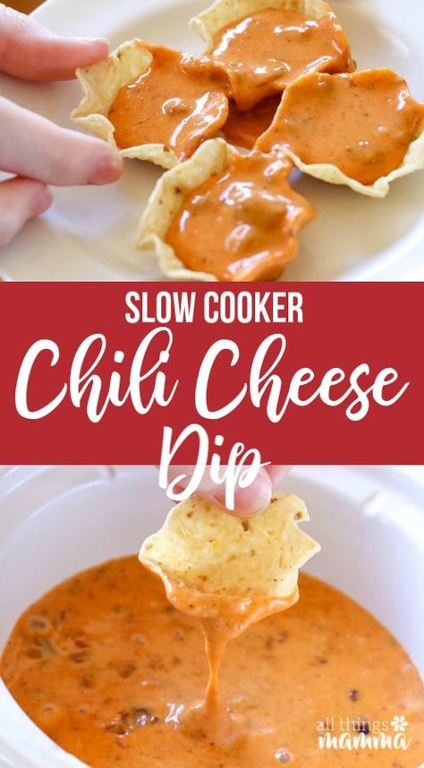 With only 2-ingredients, this Chili Cheese Dip is always a hit! Make this quick & easy appetizer in the slow cooker or microwave for a crowd-pleasing dip! #appetizer #gamedayfood #crockpot #velveeta #allthingsmamma | allthingsmamma.com Velveeta Recipes, Chili Cheese Dip, Bubble Bread, Chili Cheese Dips, Chili Dip, Crock Pot Dips, Crockpot Appetizers, Canned Biscuits, Appetizers For A Crowd