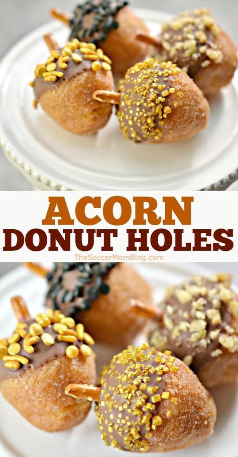 They look like real acorns, but definitely taste more delicious! These acorn donut holes are a sweet fall treat that's just as fun to make as they are to eat! No baking required! Edible Acorns, Acorn Recipe, Fun Fall Treats, Fall Donuts, Autumn Foods, Fall Parties, Thanksgiving Treats, Donut Holes, Easy No Bake