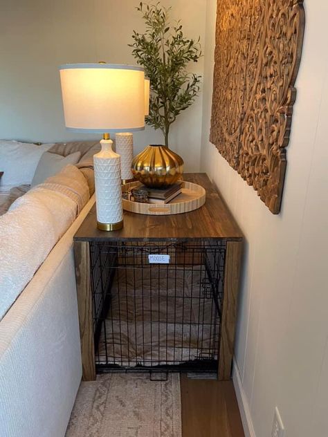 Dog Crate Behind Couch, House With Dogs Ideas, Dog Crate In Living Room Ideas, Living Room Dog Kennel, Kennel Table Diy, Dog Area In Apartment Small Spaces, Dog Kennel In Living Room, Diy Kennel Table, Dog Crate Side Table Diy