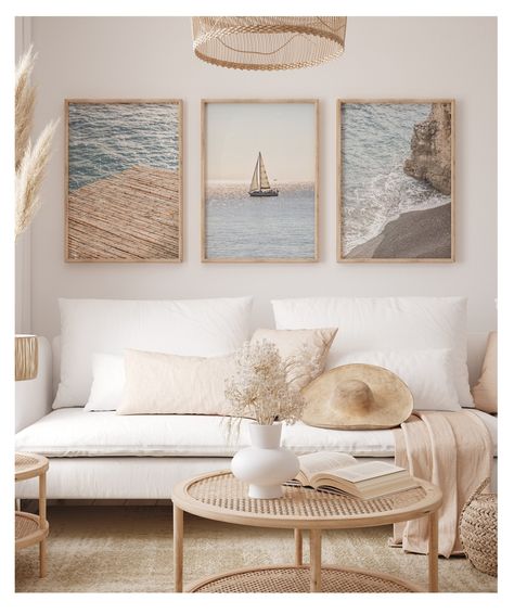 Hi there, thanks for visiting my shop! This is a set of 3 prints that include - A bamboo roof overlooking the sea - A sailboat on the sea - A rocky cliff overhanging a beach All my photography comes unframed and is printed and shipped by 3rd party vendors. If your print arrives with any damages from shipping, please reach out to me directly and we will get it sorted! For the options below, you have the choice of Photo paper or Fine art Paper.  Photo Paper: -Fuji Crystal Archive photographic pape Beach Small Apartment Decor, Luxury Beach Apartment, Beach Office Ideas, Small Beach Condo, Beach Apartment Decor Coastal Style, Boho Coastal Living Rooms, Beach Bungalow Interior, French Coastal Decor, Beachy Pictures