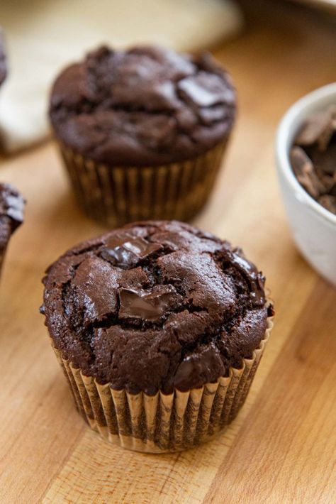 Chocolate Muffins - Rich Chocolate Flavor, and No Hand Mixer Needed! Chocolate Muffin Recipes Easy, Best Chocolate Muffins Moist, Moist Choc Chip Muffins, Healthy Choc Muffins, Choc Muffins Recipe, Simple Chocolate Muffins, Breakfast Deserts Easy, Easy Choc Chip Muffins, Simple Chocolate Chip Muffin Recipe