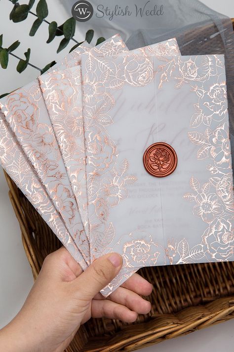 Wedding Invitation Cards Rose Gold, Rose Gold And White Wedding Invitations, Rose Gold Quince Invitations, Fairy Wedding Invitations, Extra Wedding Invitations, Baroque Invitation, Wax Seal Invitations, Wedding Invitations Rose Gold, 18th Debut