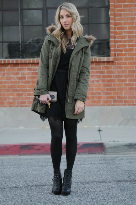 Green Parka Outfit, Parka Outfit Winter, Parka Outfit, Dress Tights, Khaki Parka, Downtown Nyc, Nyc Winter, Green Parka, Madewell Jacket