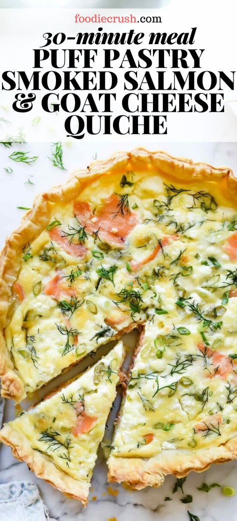 Quiche Recipes With Goat Cheese, Smoked Quiche Recipes, Brunch Goat Cheese, Salmon Goat Cheese Recipes, Salmon And Puff Pastry Recipes, Quiche Recipes Goat Cheese, Smoked Salmon Brunch Recipes, Duck Egg Quiche Recipes, Quiche Recipes Salmon