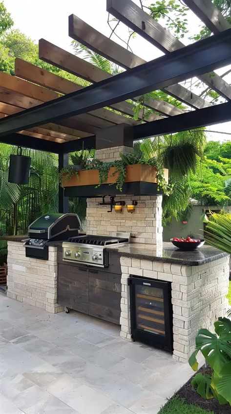 Corner Outdoor Kitchen With Pergola, Bbq Set Up Ideas Patio, Outdoor Kitchen Deck Ideas, Outside Grill Ideas, Back Yard Bbq Ideas Grill Area Patio, Bbq Dishes Ideas, Outdoor Bar And Grill Ideas, Grill Design Outdoor, Grill Station Ideas