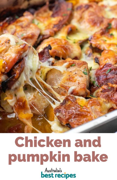 This easy one-pan bake combines chicken, pumpkin and bacon for a weeknight winner. #chicken #chickenrecipes #bake #bacon #australia #australian #australianrecipes #baking #winterrecipes #sidedish Chicken And Pumpkin Recipes, Pumpkin And Chicken Recipes, Pumpkin Chicken Recipes, Chicken Bacon Baked Potato, Chicken Zucchini Bake With Bacon, Cheesy Chicken Pumpkin And Bacon Bake, Chicken Bacon Pasta Bake, Chicken Biscuit Bubble Bake, Pumpkin Bake