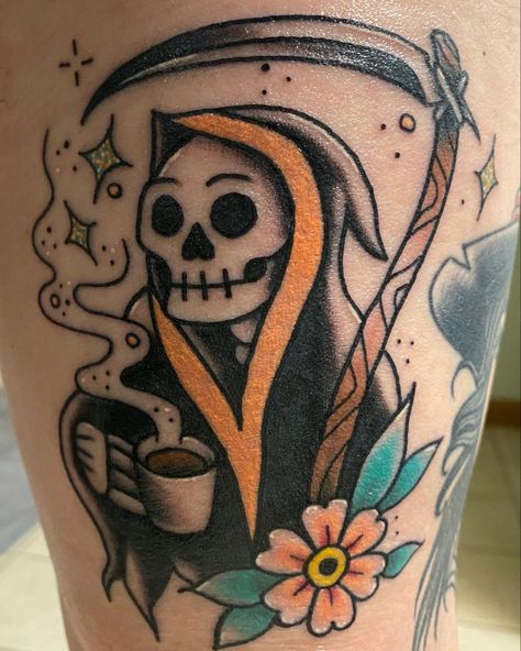 Tattoo on me (Jessica Crawford) Tattoo by Rachel Meister at Steel and Ink Studio STL, MO April 2022 Girly Grim Reaper Tattoo, Coffee Tattoos Ideas, Grim Reaper Tattoo Traditional, American Traditional Grim Reaper Tattoo, American Traditional Halloween Tattoo, Traditional Coffee Tattoo, Reference Tattoo, Witchcraft Tattoos, Grim Reaper Tattoo