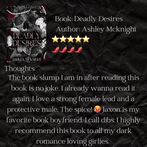 ARC review Book: Deadly Desires Author: @authorashleymcknight Release date: July 1st If you like dark romance where he falls first and hard then this book is most definitely for you. Check those trigger warnings though. I already can’t wait to read more from @authorashleymcknight This book was absolutely amazing and beautifully written. Thank you @trulyyours.pr and @authorashleymcknight for the ARC! 🖤 Deadly Desires is a dark, spicy, super-fast paced insta-love romance with stalker vibe... Dark Stalker Romance Books, Strong Female Lead, July 1st, Book Worm, Book Boyfriends, July 1, Fast Paced, Romance Books, Release Date