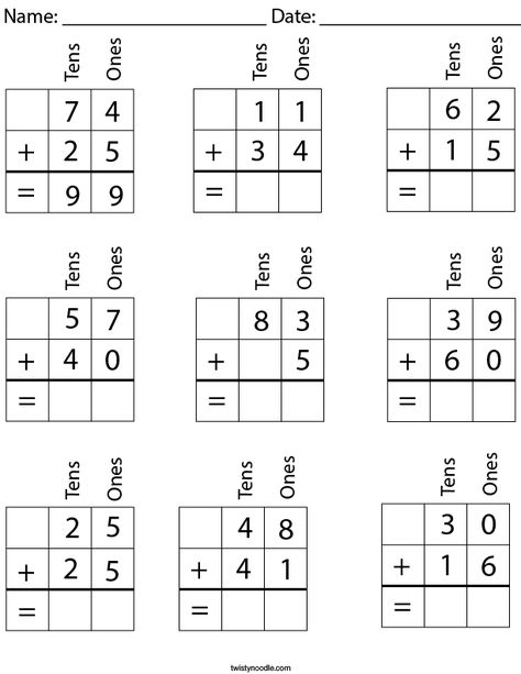 2 Digit Addition with Place Value Math Worksheet - Twisty Noodle Grade 2 Place Value Worksheets, 2 Digit Subtraction, Holiday Math Worksheets, Mental Maths Worksheets, Abc Mouse, Kids Worksheet, Place Value Worksheets, Math Addition Worksheets, Free Printable Math Worksheets