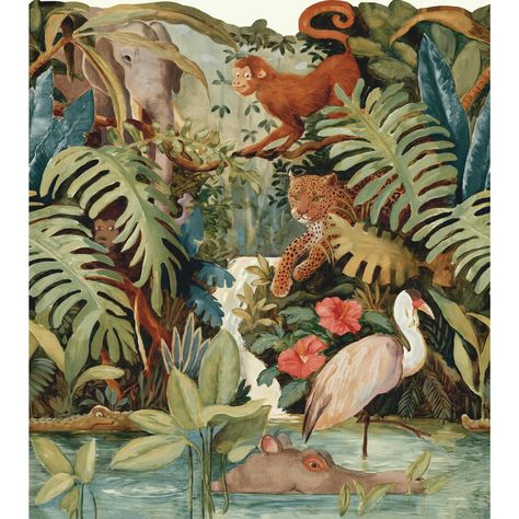 Brothers and Sisters V Jungle Scenic Wallpaper Border, Soft Multicolor Jungle Mural, Motif Art Deco, Scenic Wallpaper, Wallpaper Stores, Jungle Art, York Wallpaper, 카드 디자인, Tropical Wallpaper, York Wallcoverings