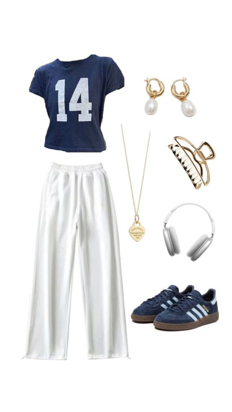 Outfit inspo, back to school, comfy, navy blue, sambas Navy Blue Straight Leg Pants Outfit, How To Style Navy Sweatpants, Navy Blue Jersey Outfit, Outfit Inspo With Sambas, Navy Adidas Outfit, What To Wear With Navy Blue Leggings, Blue Samba Outfit, Navy Blue Sambas Outfit, Aestethic Fits