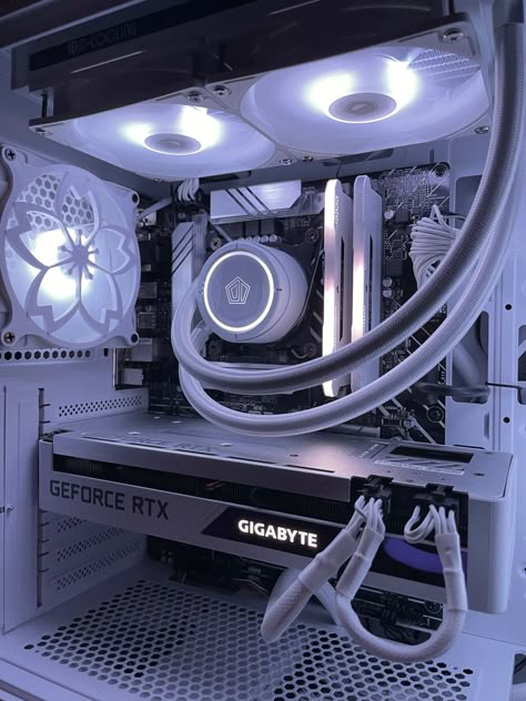 first pc build! all white theme #pcgaming #pcsetup #gaming #gamingsetups #setuptour #desksetup #whitepc #3070 #computer #pcgamer #allwhitepc White Themed Gaming Setup, Gaming Pc Decoration, White Gaming Pc Build, Pc Building Aesthetic, White And Black Pc Build, Computer Build Ideas, 4090 Pc Build, White Gaming Pc Setup, Gaming Pc Ideas