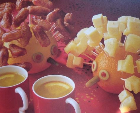 Orange cakes! 70s Buffet Food, 1970s Appetizers Parties Food, 1970s Dinner Party, 1970s Snacks, Childrens Party Food Buffet, Cheese Hedgehog, 80s Party Food, 70s Party Food, Retro Party Food