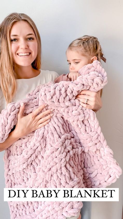 ANGELA HOLM 💛 on Instagram: “How CUTE is this chunky baby blanket?! #ad I handmade this blanket using Loops & Threads Chenille Home Grand yarn! Comment if you want a…” Chunky Chenille Yarn Projects Crochet, Striped Hand Knit Blanket, Chunky Hand Knit Baby Blanket Diy, Loop Yarn Pillow Pattern, Chunky Yarn Hand Knit Blanket, Hand Knit Baby Blanket Diy, Crochet Baby Blanket Chenille Yarn, Chenille Yarn Knitting Patterns, Chunky Baby Blanket Knitting Pattern