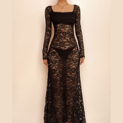 Maxi Dress Long Sleeve, Solid Maxi Dress, Square Neck Long Sleeve, Long Slip, Maxi Dress Long, Mesh Bodycon Dress, Bodycon Floral Dress, Fashion Aesthetics, Lace Maxi