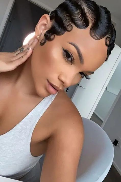 Tapered Fingerwaves, Black Hair Waves Short, Woman Waves Short Hair, Finger Waved Pixie, Big Finger Waves, Hair For A Gala, Waves On Women, Waves Hairstyle For Black Women, Waves Hair Girl