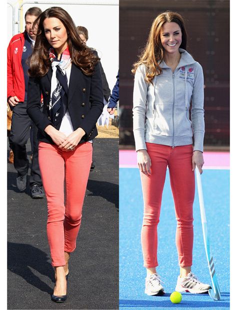 Kate wore these colourful coral skinny jeans when she went to meet team Great Britain's hockey players a the Olympic park, located in London. #whatkatewore Coral Jeans, Coral Pants, Ripped Jeggings, Middleton Style, Trendy Swimwear, Color Coral, Cute Jeans, Duchess Kate, Colored Denim