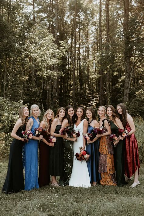 Eclectic vibrant bridesmaids dresses Jewel Toned Bridesmaid Dresses, Jewel Tone Bridesmaid Dresses, Bridgerton Garden, Modern Black Tie Wedding, Jewel Tone Wedding Colors, Jewel Tone Bridesmaid, Jewel Tone Dress, Maine Woods, Fall Bridesmaid Dresses