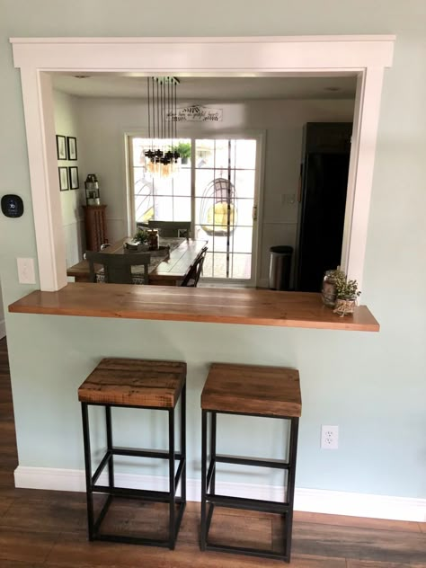 Breakfast Bar Hole In Wall, Kitchen Open To Living Room Half Walls, Breakfast Bar Kitchen Pass Through, Small Kitchen Island Attached To Wall, Breakfast Bar Pass Through, Bar Pass Through, Half Wall Bar Ideas, Opening Wall Between Kitchen Living Room, Half Wall Countertop Bar