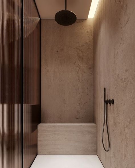 LEQB Architects* on Instagram: "Consistency is essential in our designs. We incorporated sleek dark glass in this shower area, mirroring the aesthetic of the QB/0256 bedroom, to create a harmonious flow throughout the space. Adorned with stunning travertine walls, the shower becomes a place of timeless beauty and refined luxury. Ready to transform your space? DM us today! Project: QB/0256 Room: Shower in master bathroom. Area: 12 sq.m. #leqb #leqbinteriors #qb0256" Travertine And Black Bathroom, Travertine Bedroom Wall, Leqb Architects, Timeless Master Bath, Glass Shower Walls, Corner Townhouse, Bathroom Travertine, Travertine Tile Bathroom, Steel Shower Door