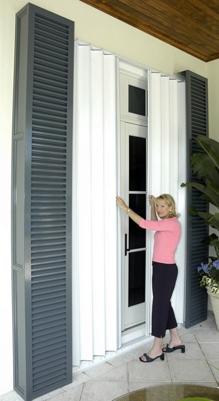 Pocket Accordion Hurricane Shutters Storm Shutters, Cafe Shutters, Accordion Shutters, Basement Doors, Home Security Tips, Diy Home Security, Shutters Exterior, Shutter Doors, Security Tips