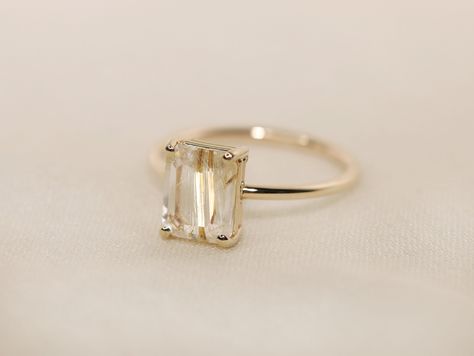 Golden Rutilated Quartz Ring, Rutilated Quartz Engagement Ring, Engagement Ring Gold, Quartz Engagement Ring, Rutilated Quartz Ring, Golden Rutilated Quartz, Emerald Cut Engagement, Emerald Engagement Ring Cut, Engagement Ring Cuts