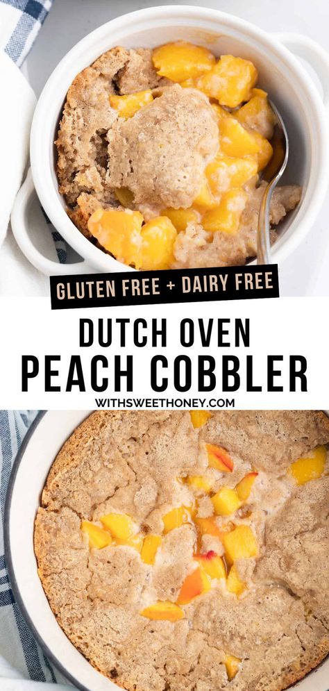 Are you ready to indulge in a delectable dessert that is both gluten-free and bursting with the flavors of ripe peaches? Look no further than this Gluten Free Dutch Oven Peach Cobbler recipe. We'll go over the key ingredients that make this peach cobbler so irresistible, and the step-by-step guide on how to prepare the peaches. Plus, I'll share how to make this cobbler dairy-free and vegan. Peach Cobbler Gluten Free, Dutch Oven Dessert Recipes, Individual Peach Cobbler, Oven Peach Cobbler, Paleo Peach Cobbler, Dutch Oven Cobbler, Dutch Oven Peach Cobbler, Dutch Oven Desserts, Vegan Peach Cobbler