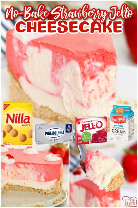 Strawberry Jello Cheesecake, Camp Hacks, Jello Cheesecake, Vanilla Wafer Crust, No Bake Summer Desserts, Jello Dessert Recipes, Frozen Cheesecake, Dessert To Make, Jello Desserts