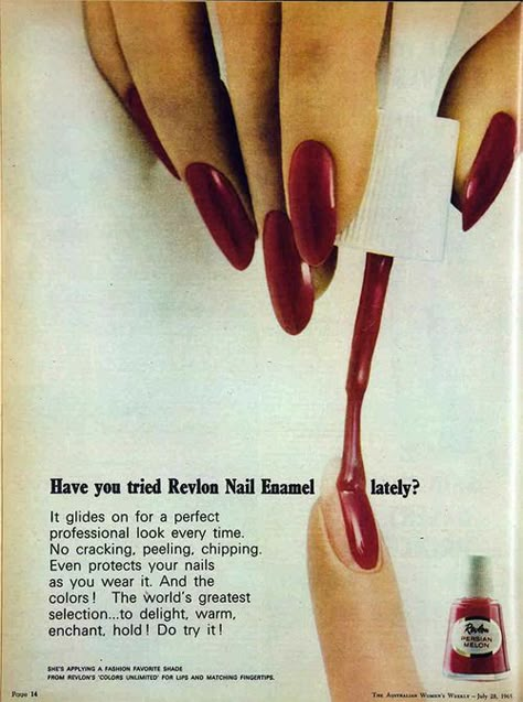 1960s Nails, 1950s Nails, 60s Nails, Vintage Nail Polish, 80s Nails, Nail Ads, Revlon Nail Polish, 90s Nails, Vintage Makeup Ads