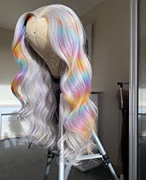 White And Rainbow Hair, Coloured Wigs, Customized Wigs, Wigs Colorful, Weave Ideas, Pretty Wigs, Gray Wigs, Gray Wig, Rainbow Highlights