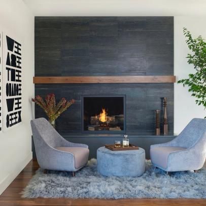 Photos | HGTV Modern Seating Area, Fireplace Seating Area, Fireplace Sitting Area, Fireplace Seating, Corner Seating, Modern Rustic Homes, Unique Interior Design, Room Seating, Modern Seating