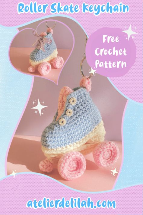 50g Crochet Projects, Crochet Bicycle Accessories, Crochet Roller Skates, Crochet Roller Skate Accessories, Wheelchair Crochet, Market Crochet Ideas, Crochet Keychain Patterns, Quick Crochet Patterns, Crochet Keychain Pattern