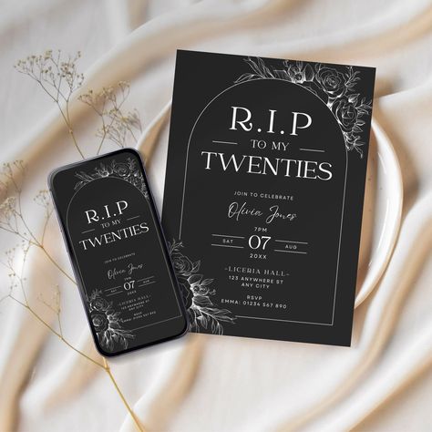 Rip 20s Birthday Party Invitation, 30th Birthday Ideas For Women Black, All Black Party Decor, 30th Birthday Invitations Template, 30th Birthday Party Themes For Women Decoration, Rip 30s Birthday Party, Rip My 20s Party, All Black 30th Birthday Party, Rip 30th Birthday