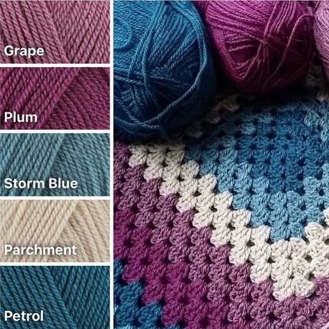 Crochet Studio on Instagram: "Granny square perfection as always by @wool_goddess. Vanessa’s colour combinations are always spot on 💙💜💙 Use #yescrochetstudio so we know you are happy for us to share your images. #grannysquares #autumncrochet #grannystripes #grannysquareblanket #grannystripes #crochetersofinstagram #crochet #crochetblanket #handmade #vintageinspired #crochetaddict #crochetinspiration #crochetinsta #woolwarehouse #stylecraft #makersofinstagram #blanketmaker #teaandcrochet #cr Color Palette For Yarn, Crochet Color Inspiration, Colour Palette Crochet, Granny Square Palette, Crochet Colour Combos, Color Palette Crochet Colour Schemes, Colour Combinations Crochet, Crochet Blanket Colours Color Schemes, Crochet Color Combinations Ideas