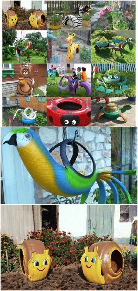 30 Adorable Garden Decorations To Add Whimsical Style To Your Lawn - Probably the cutest backyard and garden decorations. Diy Garden Decorations, Tire Craft, Tire Garden, Tire Art, Unique Garden Art, Garden Balls, Whimsical Style, Garden Animals, Diy Yard