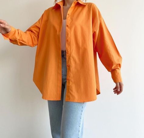 Orange Oversized Shirt Outfit, Orange Shirt Outfit Summer, Orange Shirt Outfit, Oversized Jacket Outfit, Oversized Shirt Outfit, Orange Outfits, Shirt Dress Outfit, Oufits Casual, Linen Shirts Women