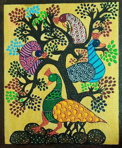 Theartlifegallery- Gond Paintings are a form of folk or tribal art practiced in Madhya Pradesh. It is believed that seeing a good image brings lots of good luck. For the same reason Gond tribal paintings are made on various festivals, rituals, and monsoon. #GondArt #tribalart #tribaartist #monsoonseason #theartlifegallery www.theartlifegallery.com Godna Art, Mugal Motif, Gonda Art, Madhubani Patterns, Hindi Activity, Gond Art, Gond Painting, Kalamkari Painting, Tanjore Painting