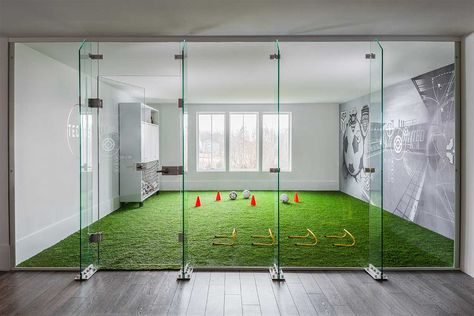 Soccer Field At Home, Home Soccer Field Indoor, Indoor Soccer Field In Basement, Indoor Turf Room, Indoor Soccer Field In House, Basement Soccer Field, Soccer Basement, Home Soccer Field, Backyard Soccer Field