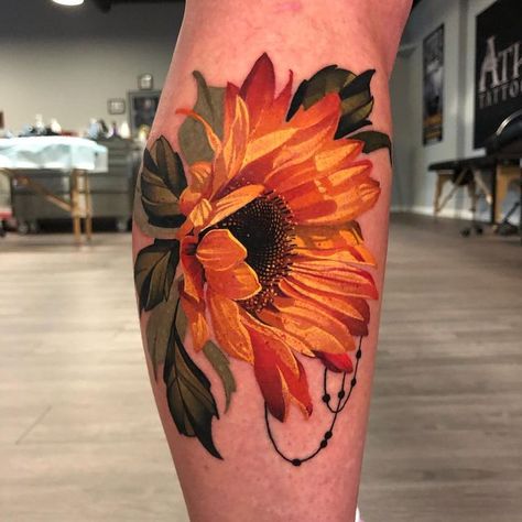 Orange Sunflower Tattoo, Red Orange Sunflower Tattoo, Sunflower Tattoo Colorful, Sunflower Tattoo Color, Sunflower And Succulent Tattoo, Sunflower Tattoos Watercolor, Sunflower Tattoo Color Realistic, Trippy Sunflower Tattoo, Word Tattoo Ideas