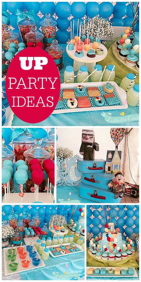 A first birthday party with an UP movie theme and lots of colorful balloons! See more party planning ideas at CatchMyParty.com! Up Birthday Party Theme, Up Themed Snacks, Disney Up Party Ideas, Up Birthday Theme, Up Theme First Birthday, Up Birthday Cake, Up Party Theme Disney Food, Up First Birthday Party, Up Movie Decorations