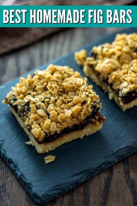 Oatmeal fig bars are a deliciously chewy treat loaded with lightly sweetened figs and topped with an oatmeal streusel topping. via @jugglingactmama Fig Bars Recipe, Oatmeal Streusel Topping, Fig Newton Recipe, Homemade Fig Newtons, Strawberry Swirl Cheesecake, Streusel Bars, Homemade Strawberry Sauce, Fig Bars, Blondies Brownies