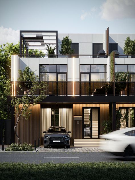 Townhouse CA on Behance 3 Storey Townhouse Design, Contemporary Townhouse Exterior, Los Angeles Townhouse, Row Houses Architecture, New York Row House, Modern Townhouse Designs, Modern Townhouse Exterior, Townhouse Architecture, Townhouse Plans