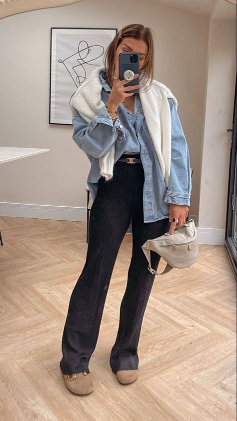 Lazy Blazer Outfit, Celine Sweater Outfit, How To Style Celine Belt, Sweater And Belt Outfit, Denim Clogs Outfit, Ganni Jeans Outfit, Outfits With Knitted Sweaters, Cream Trousers Outfit Winter, Denim On Denim Outfit Fall