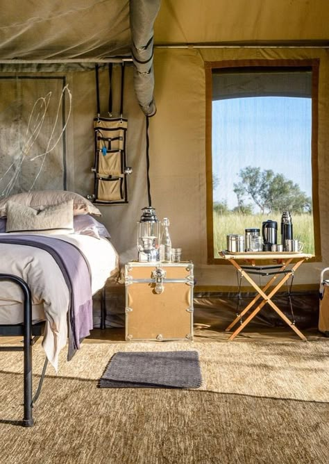 Safari Style Interior, Glamping Interior, African Safari Lodge, African Lodge, African Lodges, Mobile Safari, Tented Camp, Safari Camp, Tent Living