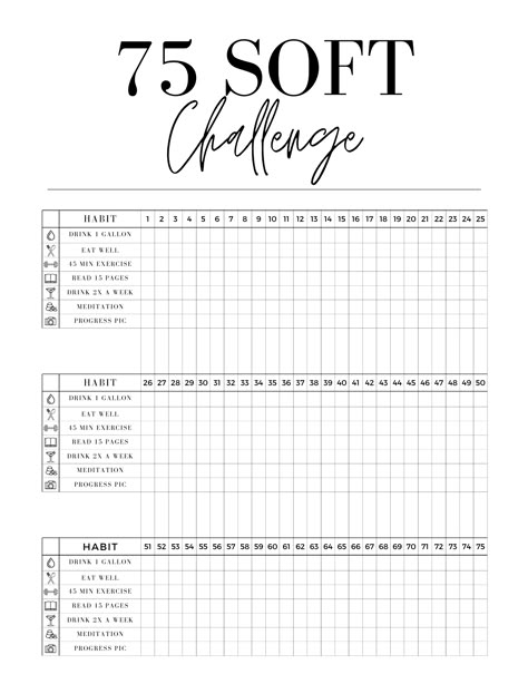 Printout for the 75 Soft fitness Challenge 75 Soft Workout Ideas, 75 Day Calendar, The 75 Soft Challenge, 2024 Challenge Ideas, 75 Soft Checklist, 75 Soft Challenge Calendar, 75 Glow Up Challenge, 75 Soft Challenge Printable Free, 75 Day Mom Challenge