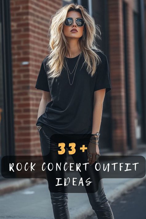 Ready to rock your next concert with style? Discover 33 killer outfit ideas that will have you standing out in the crowd. From edgy leather jackets to vintage band tees, these looks are perfect for any rock lover. Click to explore these must-see outfit suggestions and get ready to rock out! 🎸 #ConcertFashion #RockStyle #OutfitInspo #FashionTrends #EdgyLooks #RockOn #ConcertReady Rocker Inspired Outfits, Classy Rock Concert Outfit, Simple Rock Outfit, Rocker Style Outfits Woman, Morgan Wade Concert Outfit, Alternative Concert Outfit Ideas, What To Wear To A Metal Concert, Outfit Idea For Concert, Zz Top Concert Outfit